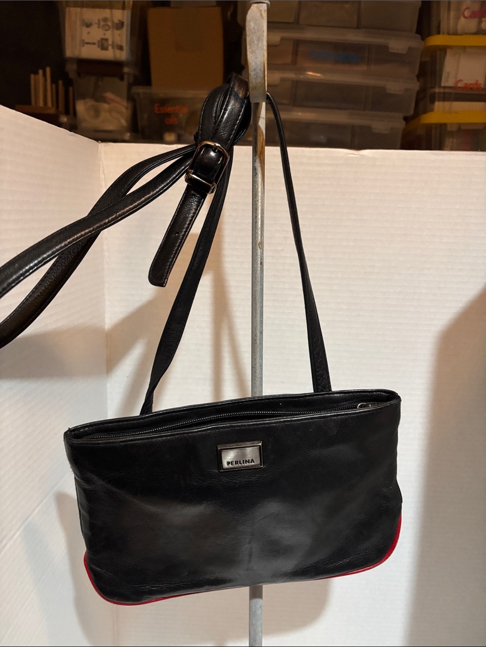 Perlina Black Leather Shoulder Bag with Red Accent Trim